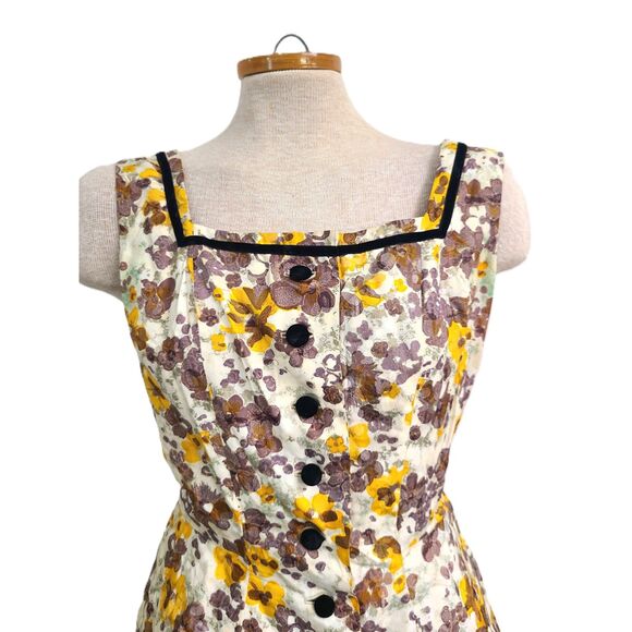 Georgette Dresses & Skirts - Vintage 1950s Georgette Yellow Floral Dress SMALL Midi Square Neck *Repaired* S